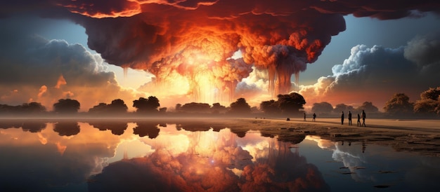 Colossal mushroom cloud rises over a reflective water surface signaling powerful energy unleashed