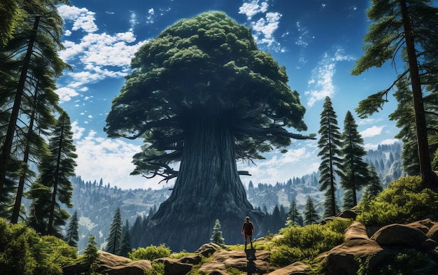Photo the colossal sequoia its power rivals the tree of might from dragon ball z