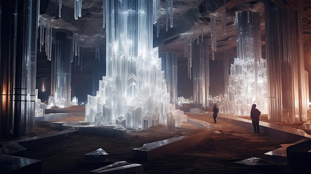 Colossale kamer glinsterende kristallen versierde muren betoverende etherische stralende hypnotiserende adembenemende natuurlijke schoonheid gegenereerd door AI