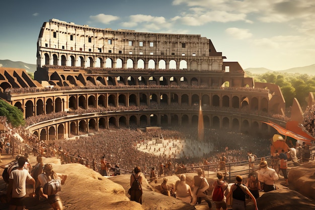 Photo colosseum filled with spectators and gladiatorial combat illustration photo