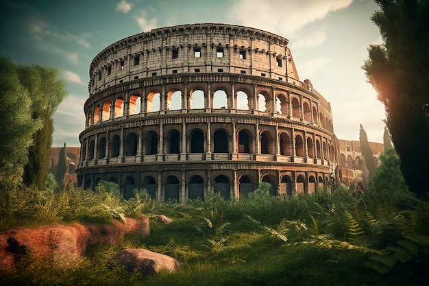 Colosseum on a green field Generative AI