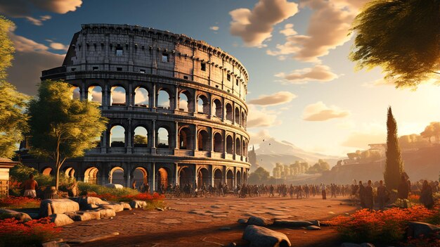 Foto colosseum in rome met menigte verzameld bij zonsopgang