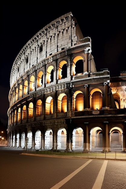 The colosseum at night with lights on