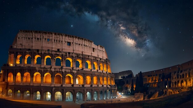 Colosseum onder een sterrenrijke betoverde hemel Foto echt voor juridisch beoordelend thema Volledige diepte van het veld c