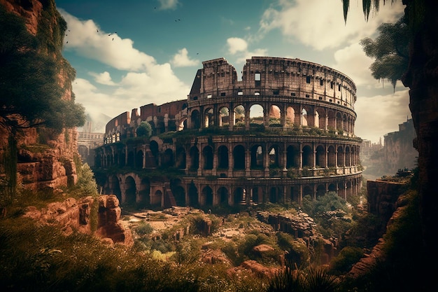 Foto colosseum op een groen veld generatieve ai