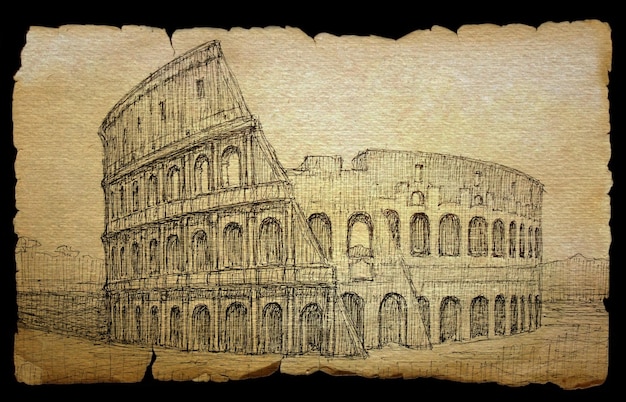 Colosseum painted by ink on old paper, isolated on black.