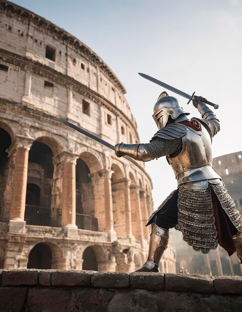 Foto colosseo cavaliere bianco con una spada in azione che oscilla in posa combattendo contro il leone