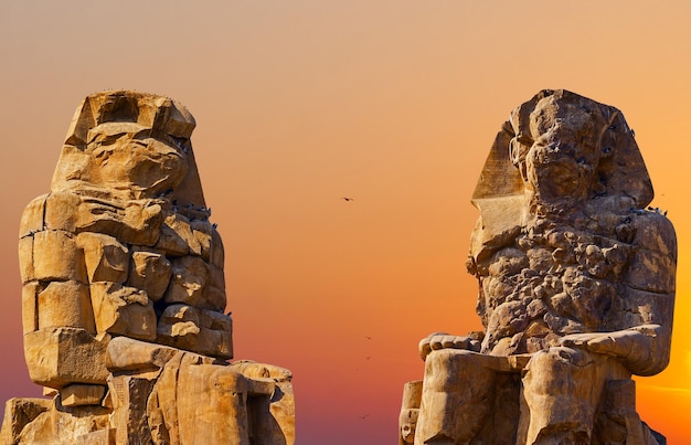 Colossi of Memnon Luxor Thebes against the background of dawn in the Egypt