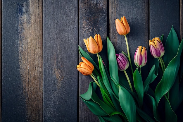 colouful tulips flatlay wooden wood box