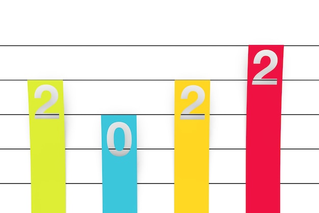 Colour column flat graph chart infographics paper elements with 2022 new year sign on a white background. 3d rendering