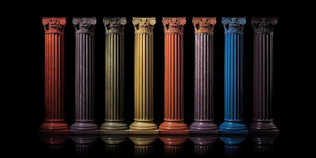 Photo coloured columns on black background in the style of humanist compositions