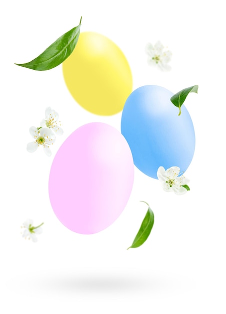 Uova di pasqua colorate decorate con fiori e foglie isolati su sfondo bianco