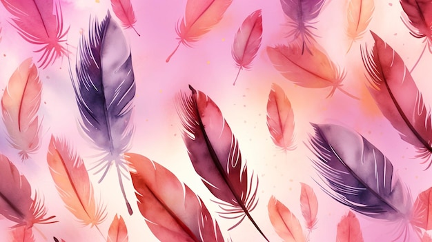 Coloured feathers in pink on the background in the style of subtle shading anime aesthetic wallpaper pigeoncore free brushwork translucent color generat ai