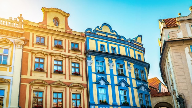 Coloured houses on Old Town Square in Prague at sunrise