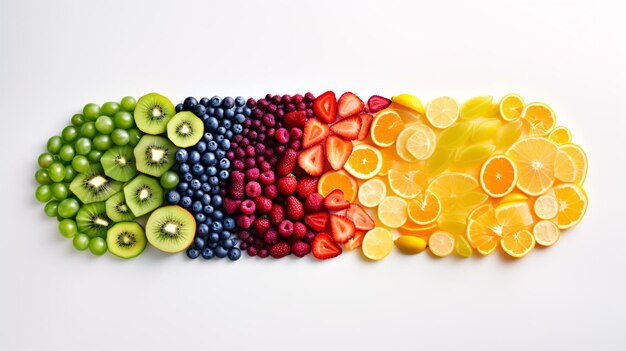 Foto una colorata schiera di frutta disposta artisticamente in un disegno arcobaleno isolato su uno sfondo bianco