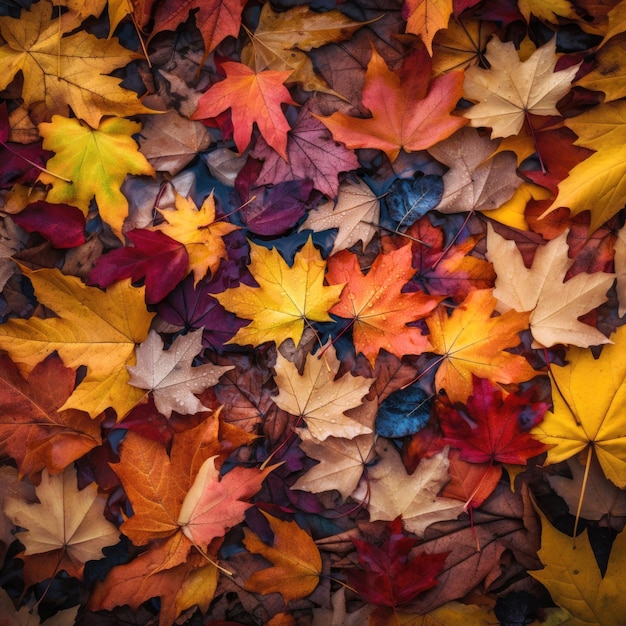 Colourful autumn maple leaves on the ground vibrant square background generative AI illustration