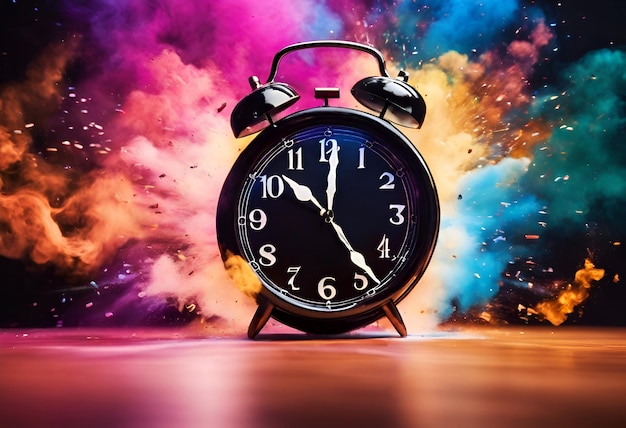Photo colourful background alarm clock shopping time last minute offer burning clock working overtime finish work time crunch
