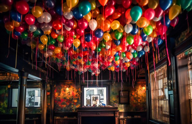 Colourful balloons hanging from a ceiling