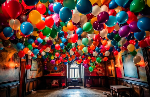 Colourful balloons hanging from a ceiling