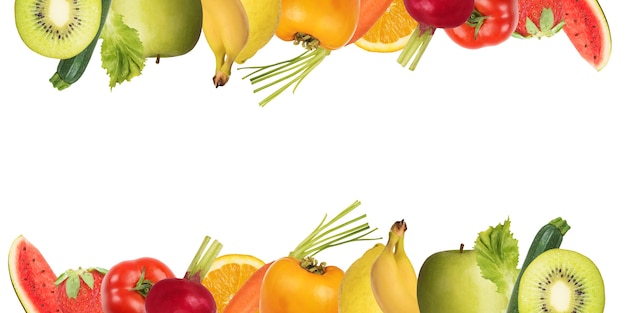 Colourful banner of fruits and salad on white background. Healthy food concept