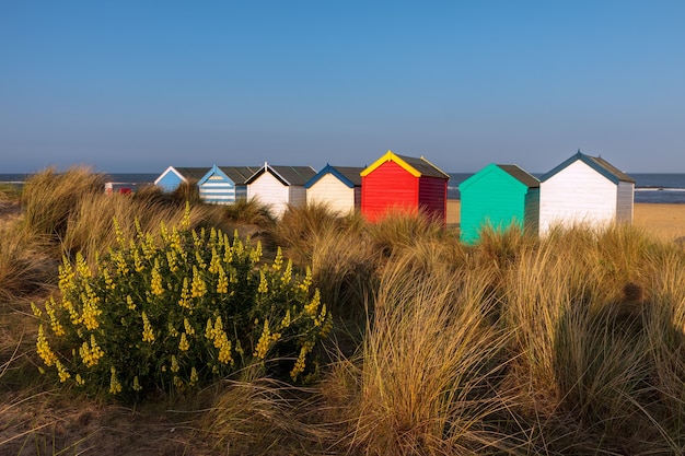 Colourful Beach huts in Southwold Suffolk on May 31, 2010