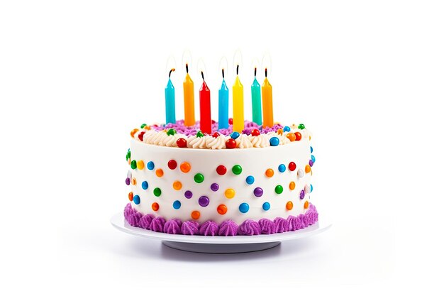 Photo colourful birthday cake with candles isolated on white background