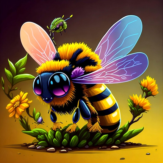 a colourful cartoon style cute hone Bees