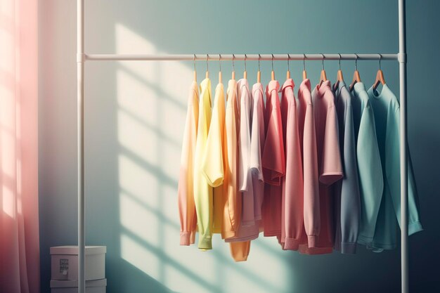 Colourful clothes on clothing rack pastel colorful closet in shopping store or bedroom Rainbow color clothes choice on hangers home wardrobe concept AI generated image