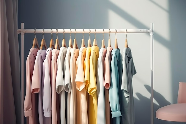 Colourful clothes on clothing rack pastel colorful closet in shopping store or bedroom Rainbow color clothes choice on hangers home wardrobe concept AI generated image