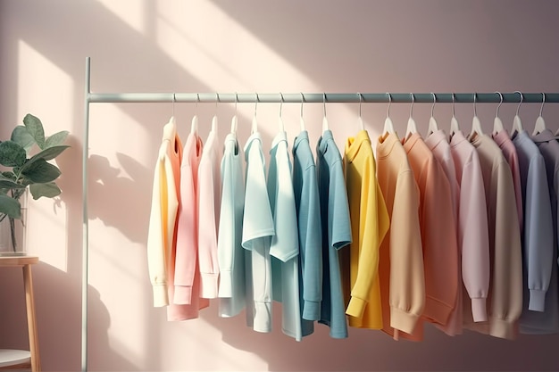옷 선반에 있는 화려한 옷 쇼핑 상점이나 침실에 있는 파스텔 화려한 옷장 행거 홈 옷장 개념의 무지개 색 옷 선택 AI 생성 이미지
