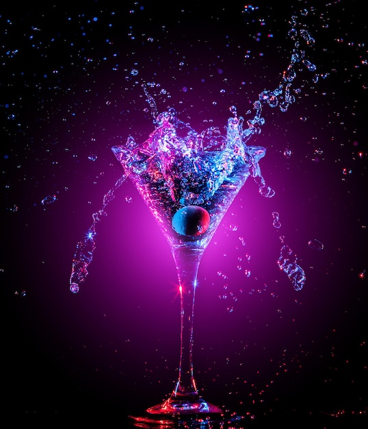 Colourful cocktail in glass with splash on the dark background