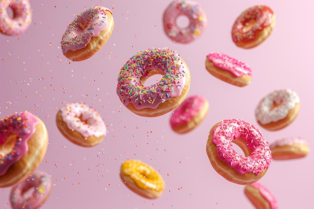 Colourful decorated with sprinkles donuts falling on pastel background Generative AI