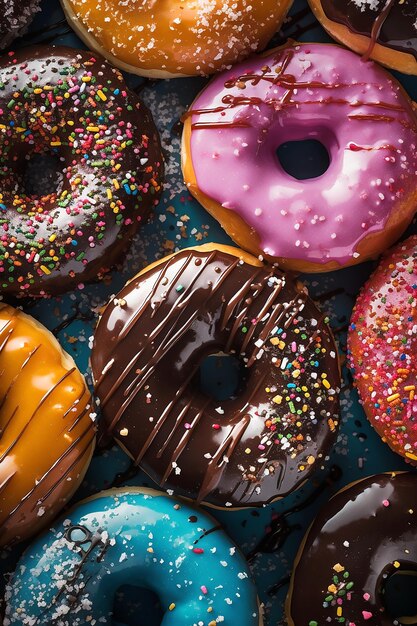 Photo colourful donuts scattered on background