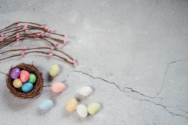 Colourful Easter eggs in bird's nest with decorative willow branches on gray cement background