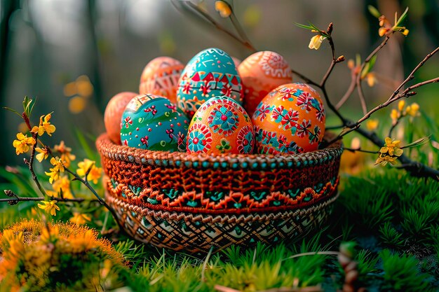 Colourful Easter eggs in a bowl made with crochet