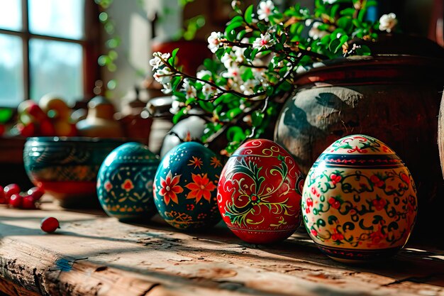 Colourful Easter eggs carefully painted in intricate patterns