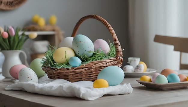Красочный пасхальный стол, украшенный пасхальными украшениями, нарисованные яйца в корзине.