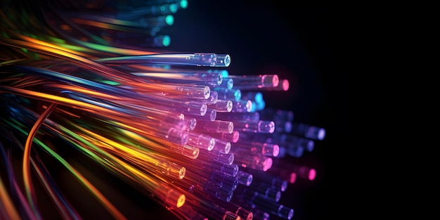 Colourful electric cables and led optical fiber background for technology image and new business trends on dark background AI generated