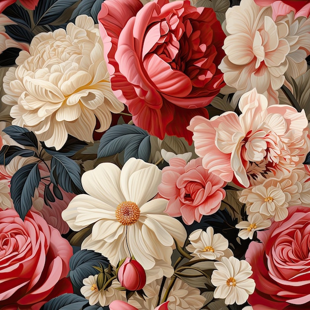 Colourful floral arrangement of roses with beautiful flowers seamless patterns