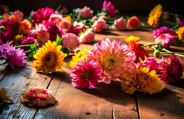 写真 木製の床に置かれた色とりどりの花