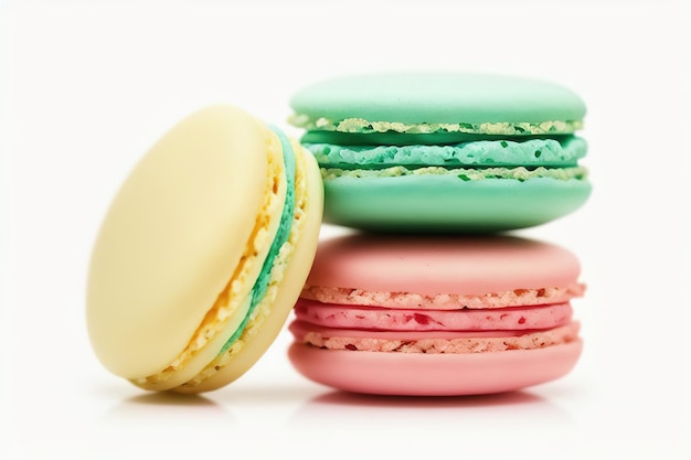 Colourful french macaroons or macaron on white background generative AI