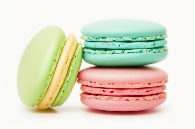 Colourful french macaroons or macaron on white background generative AI