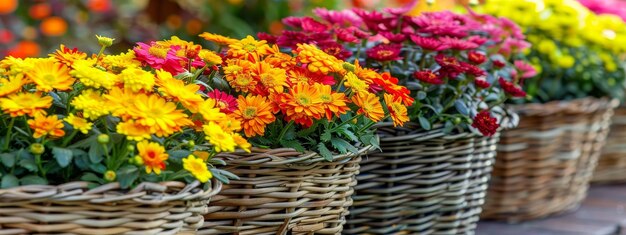 Красочные свежие цветы в тканой корзине, продаваемые на цветочном рынке, ассортимент свежих весенних цветов