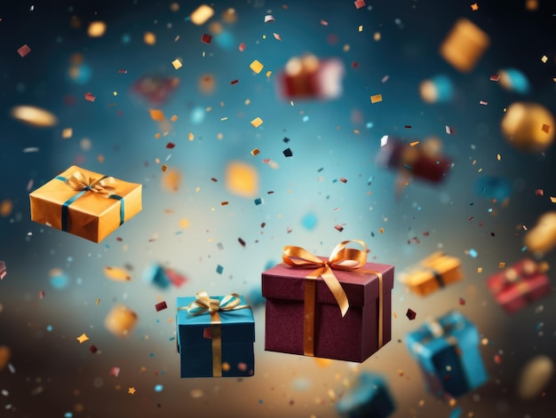 colourful gift boxes with confetti flying and falling