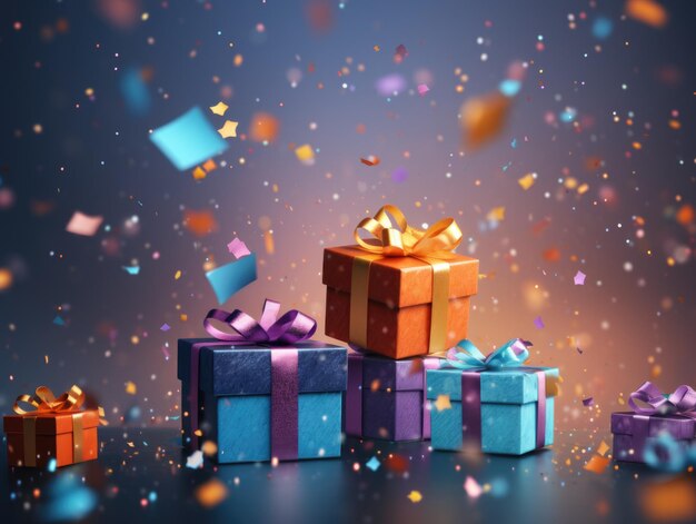 colourful gift boxes with confetti flying and falling