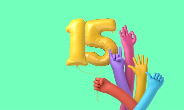 Photo colourful hands holding a happy th birthday party balloon d rendering