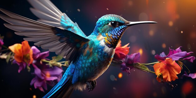 colourful humming birds with flower