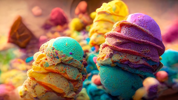 Colourful ice cream abstract background. An Ice cream parlour in a wide cinematic render.