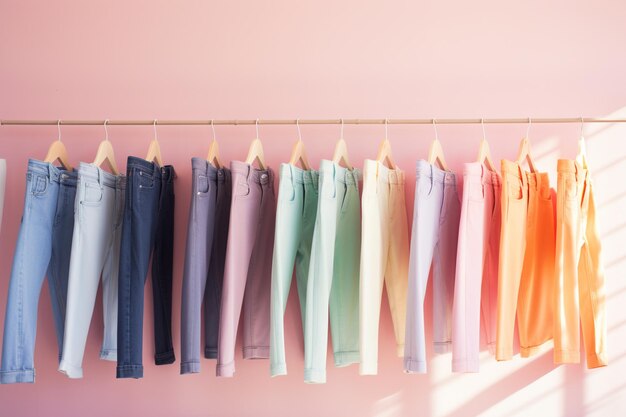 Photo colourful jeans hanging on a rack