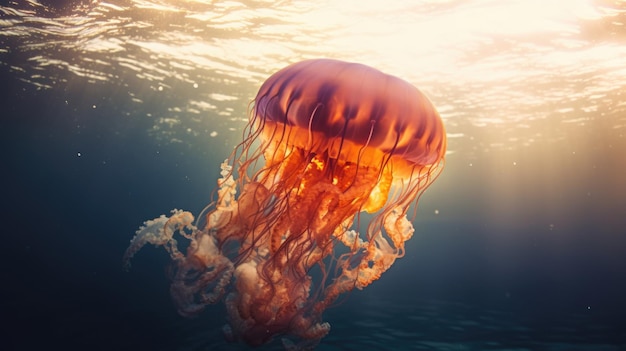 Colourful jellyfish with toxic tentacles swims in water